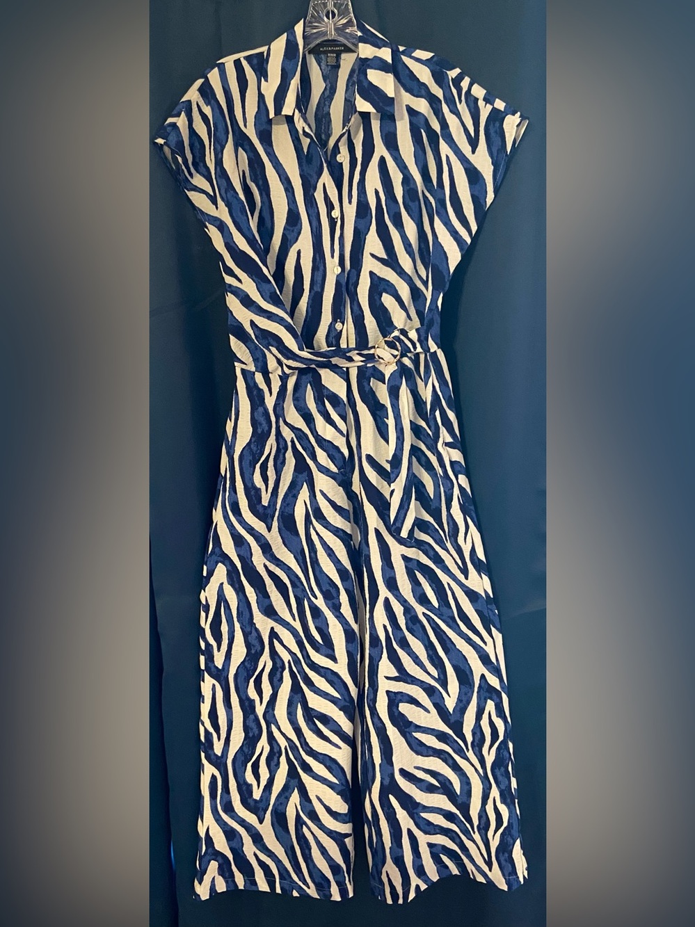 Alex & Parker Button-Front Blue & White Zebra Print Jumpsuit